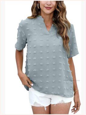 Chiffon V Neck Blouse Short Sleeve Polka Dot Top Casual Work Office Summer T
